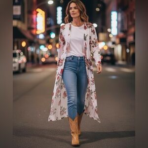 LOVE J SHEER MAXI RED ROSE FLORAL COASTAL COWGIRL WESTERN LONG COVER-UP SIZE M